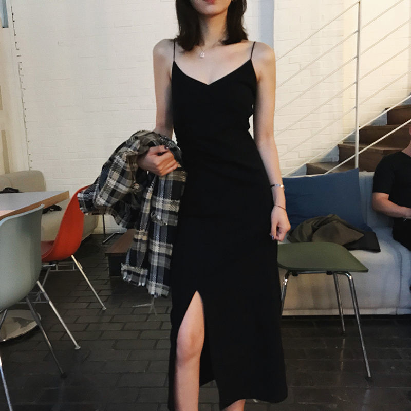 邦伊芙连衣裙女夏装新品裙子 夏装2021新款女装连衣裙黑色吊带裙