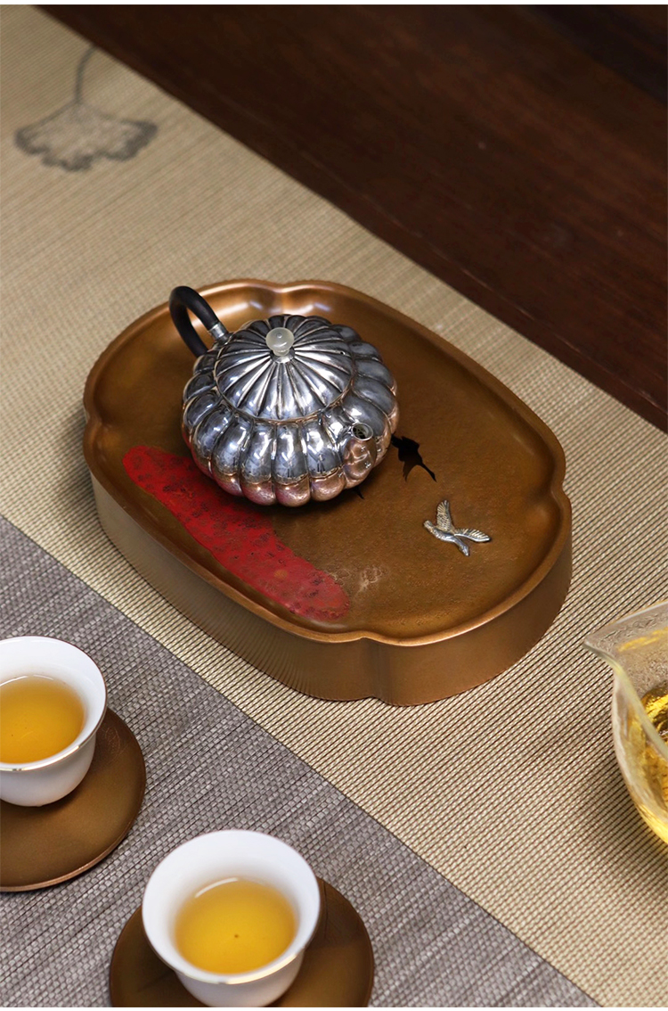 墨珵福友堂纯铜干泡盘储水茶台手工镶嵌鎏银家用茶具紫铜小茶盘壶托