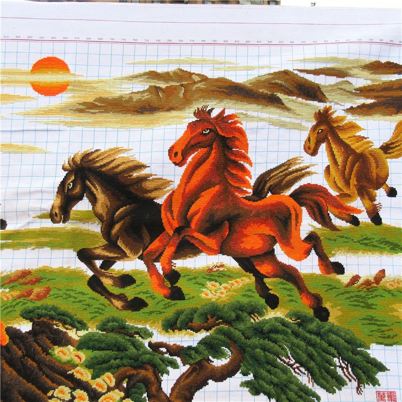 纯手工十字绣成品马到成功八骏图彩马八马奔腾大幅新款客厅绣好的