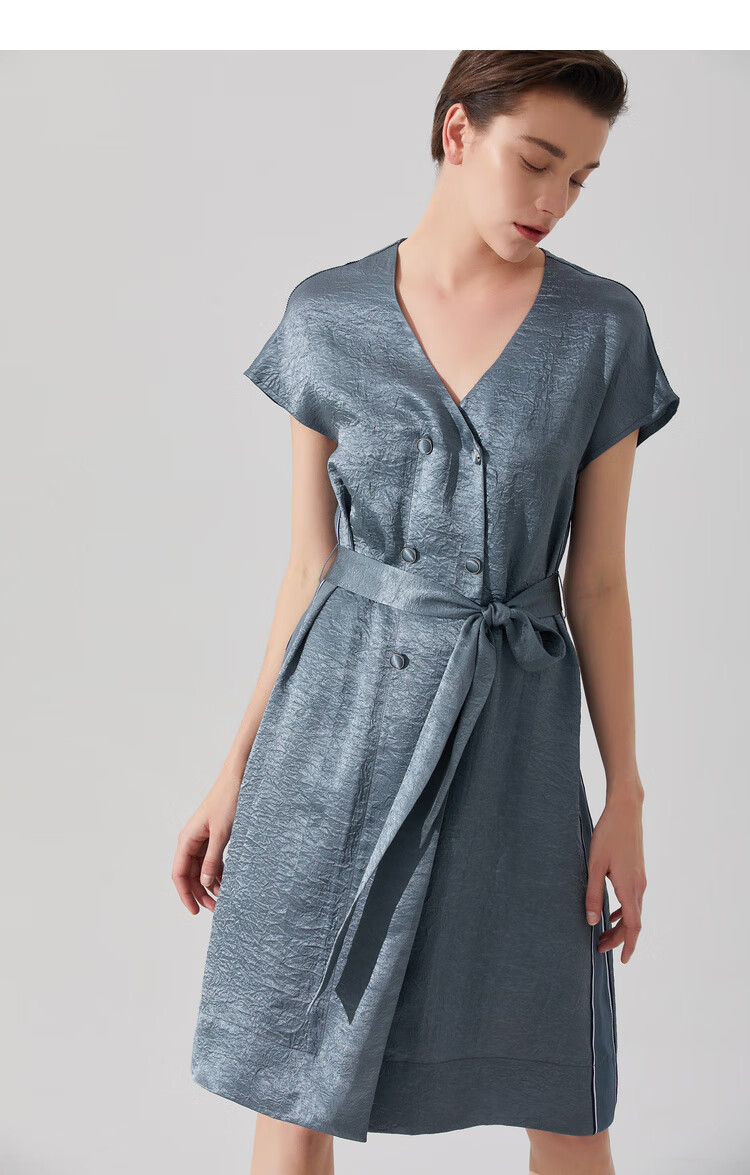 insun恩裳商场同款夏季新款v领双排扣垂感醋纤中长款连衣裙 蓝色 38/m