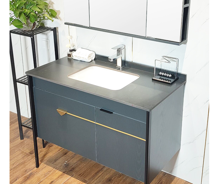 简约落地岩板浴室柜组合折叠式风水镜轻奢实木洗漱台陶瓷洗手盆柜80