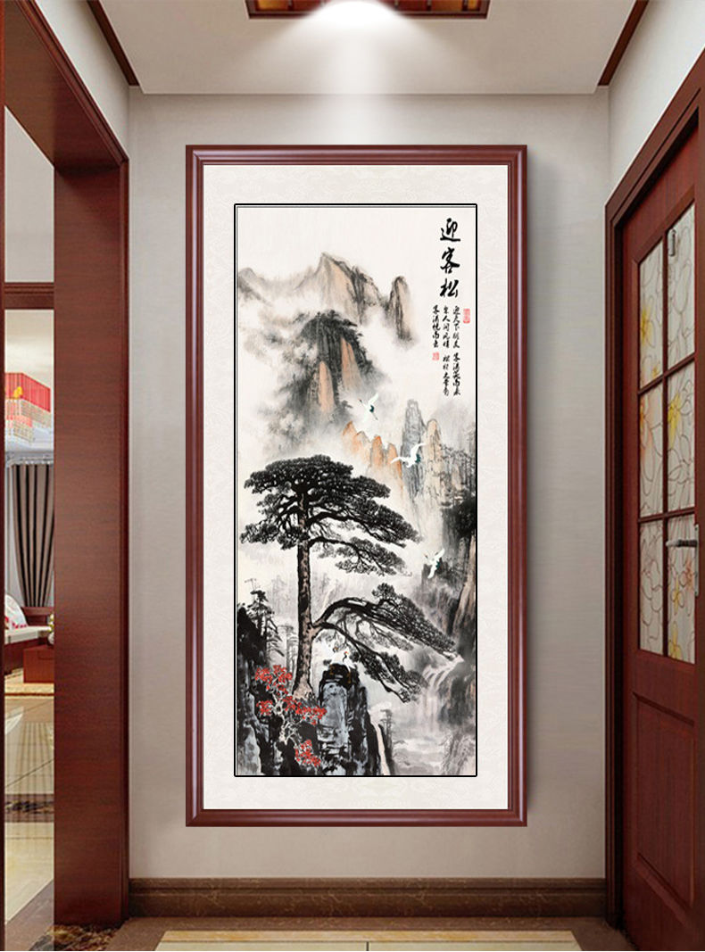迎客松国画五福临门中式山水画入户玄关壁画竖版走廊过