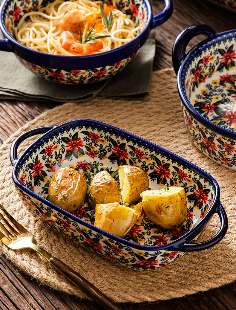 波兰陶瓷手把碗家用烤箱微波炉双耳汤碗泡面碗餐具烤盘焗饭碗 异域