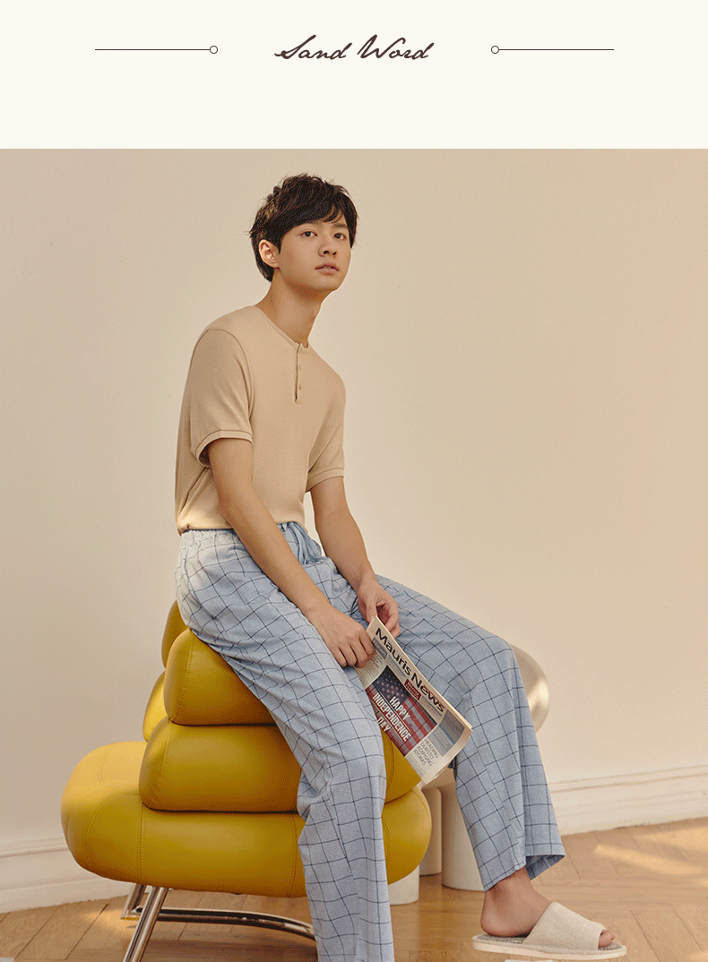 三枪睡裤男纯棉春夏薄款水柔棉宽松透气可外穿系绳家居裤休闲长裤雾蓝