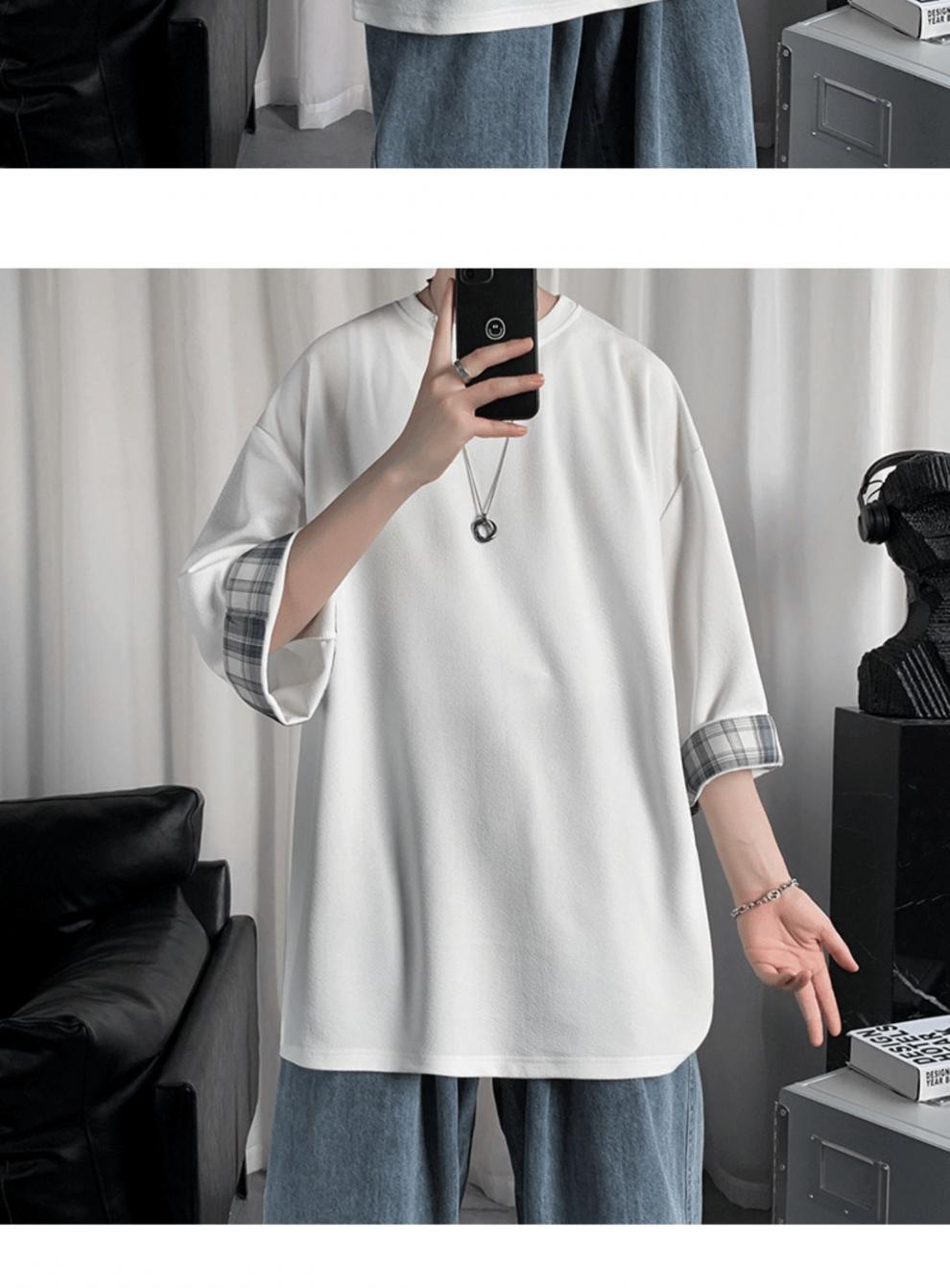 美式短袖复古七分袖t恤男夏季韩版潮流百搭帅气拼接体恤春秋上衣ins潮