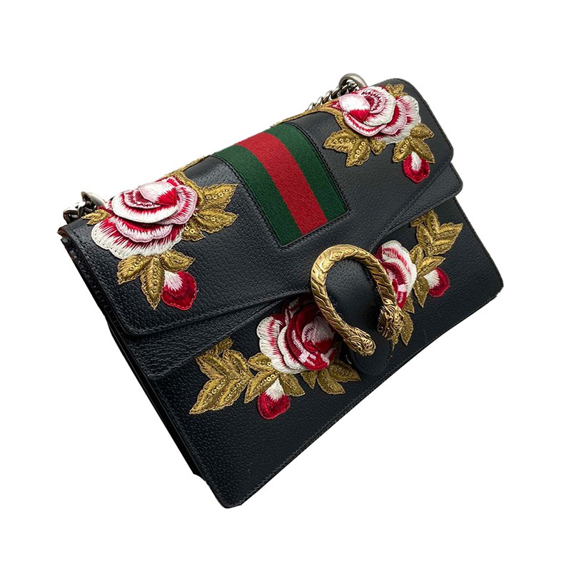 【奢华】gucci/古驰 限量秀款刺绣牛皮酒神包斜挎包at 黑色 30*22*10