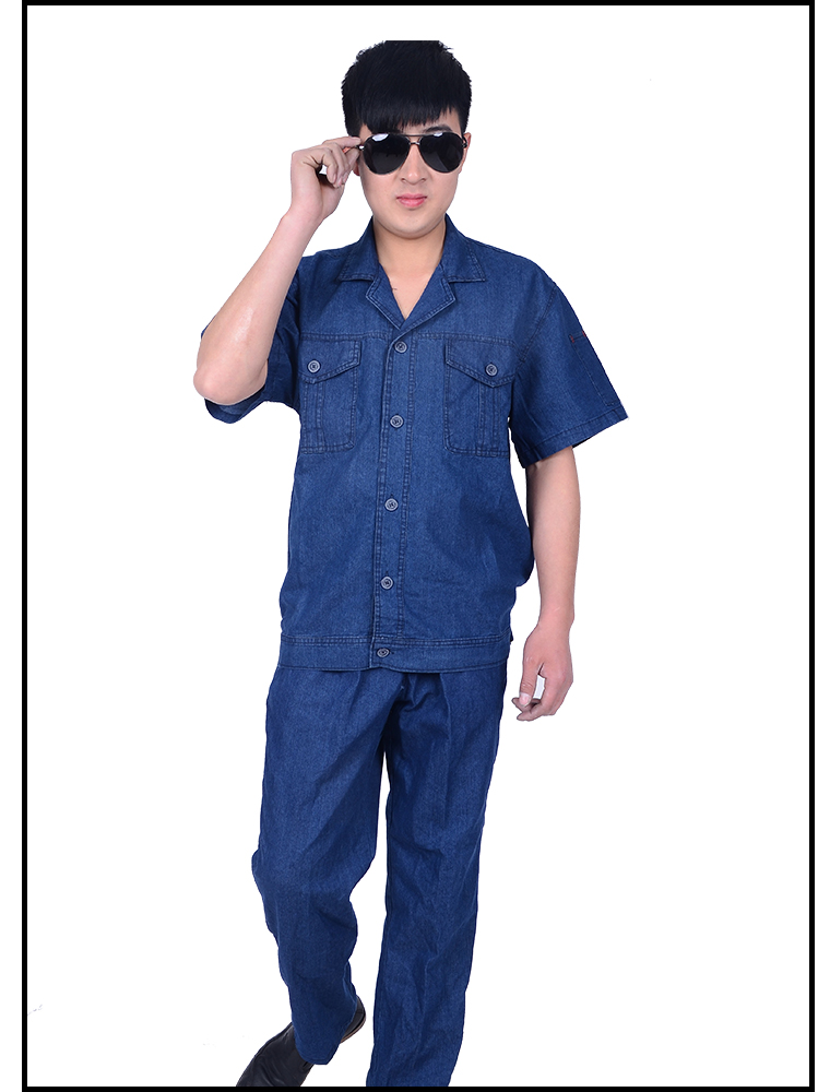 夏季牛仔工作服套装男 薄款电焊劳保服 焊工工地干活穿的衣服yt 蓝色