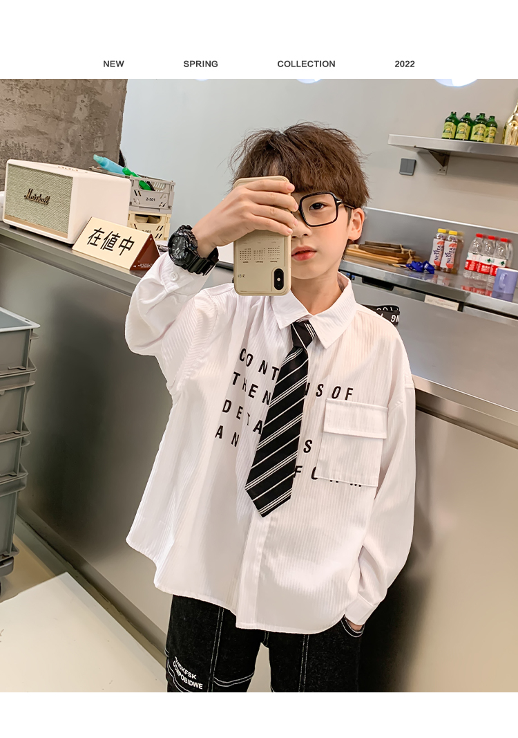 左西男童白衬衫儿童学院风领带衬衣男孩洋气2022新款春秋帅气童装白色