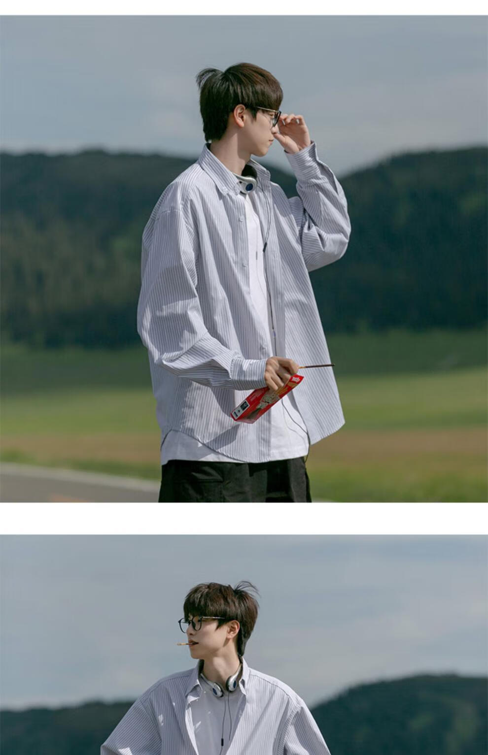 sijian雅痞cityboy廓形衬衫男长袖病号服少年感蓝白条纹衬衣 蓝色 l