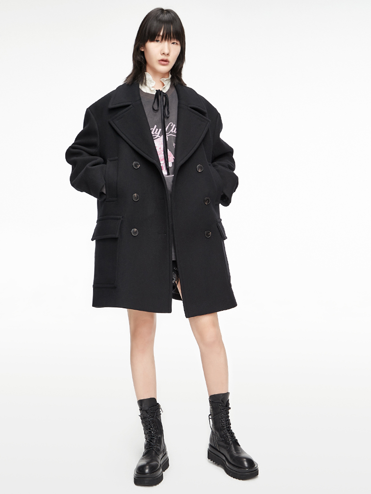 抗皱羊毛moco冬季新品娃娃领宽肩双排扣羊毛呢大衣 摩安珂 黑色 m/165