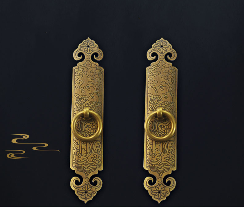 中式仿古拉手纯铜门锁橱柜门拉手雕花复古柜门木门明装拉手光面18cm