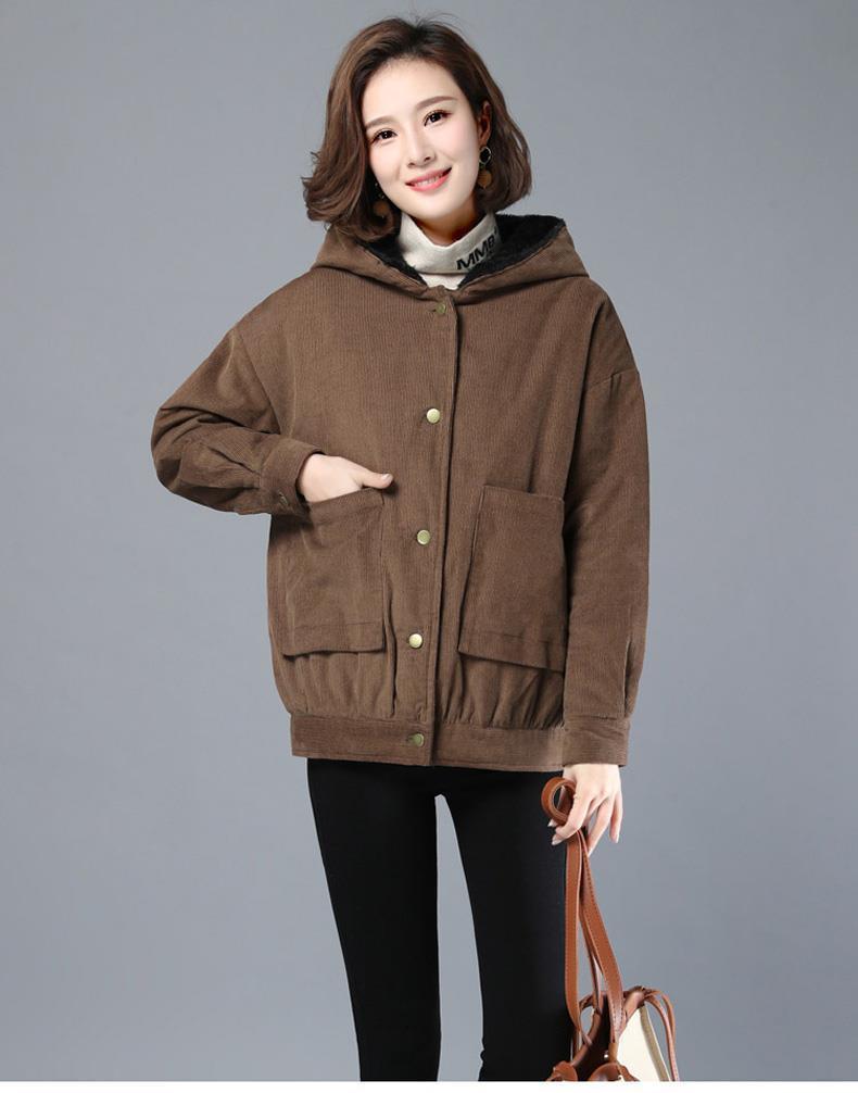 秋冬女装加绒棉服短款外套灯芯绒加厚外套女短款中年妈妈加绒棉衣黑色