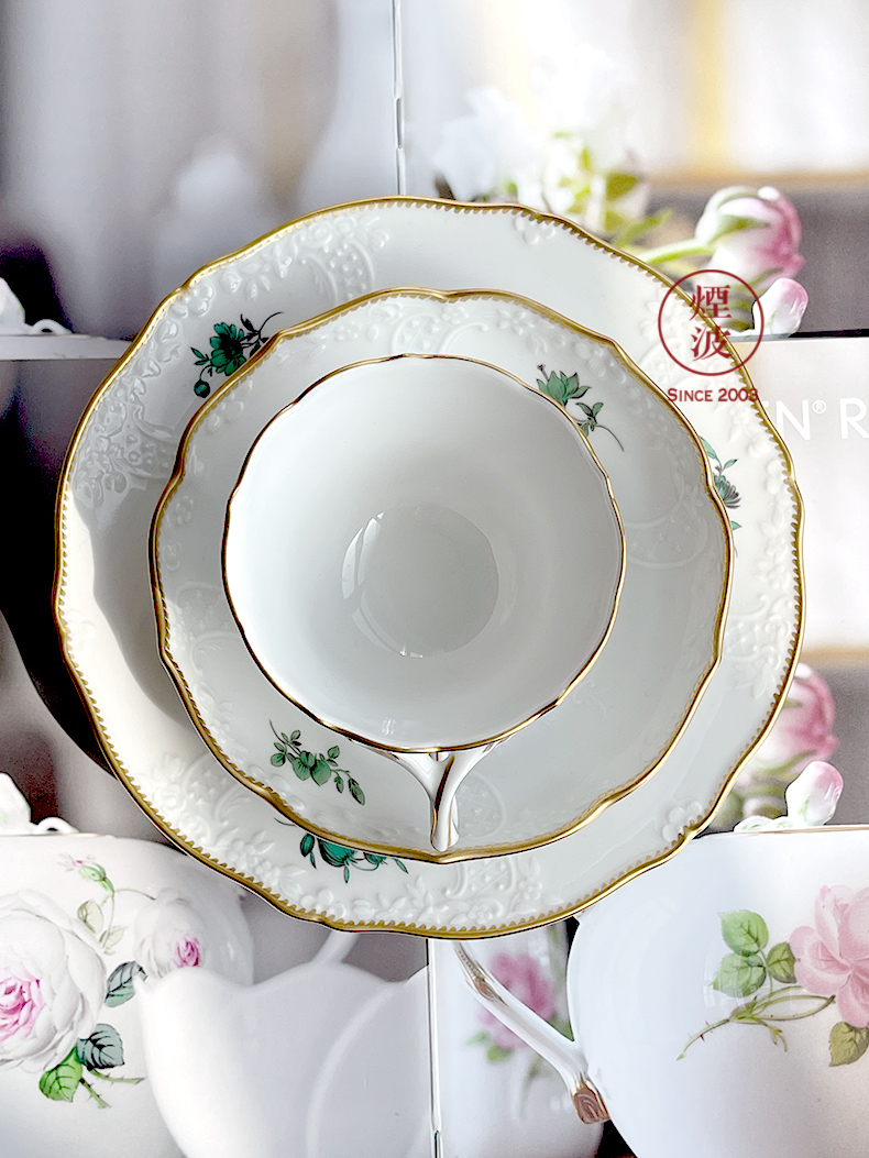 德国meissen梅森瓷器 新马赛 浮雕铜绿色花卉彩绘描金 咖啡杯碟组