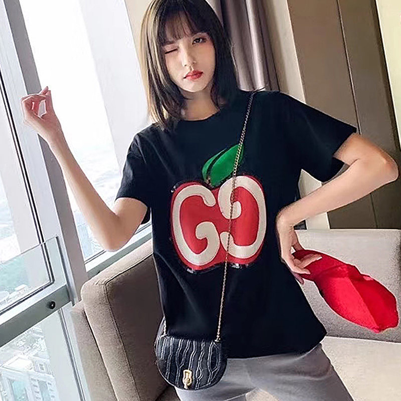 gucci 古驰 新款女士棉质樱桃图案时尚短袖休闲t恤衫 黑色580762 xjb7