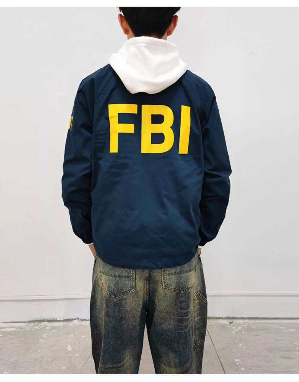 美式fbi衣服教练夹克男士春秋季外套棉服工装潮探员f标志风衣 深蓝色