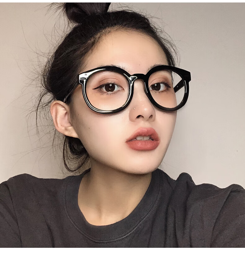 rnrn网红黑框眼镜女复古素颜粗镜框大框圆脸显瘦潮平光眼睛近视眼镜架