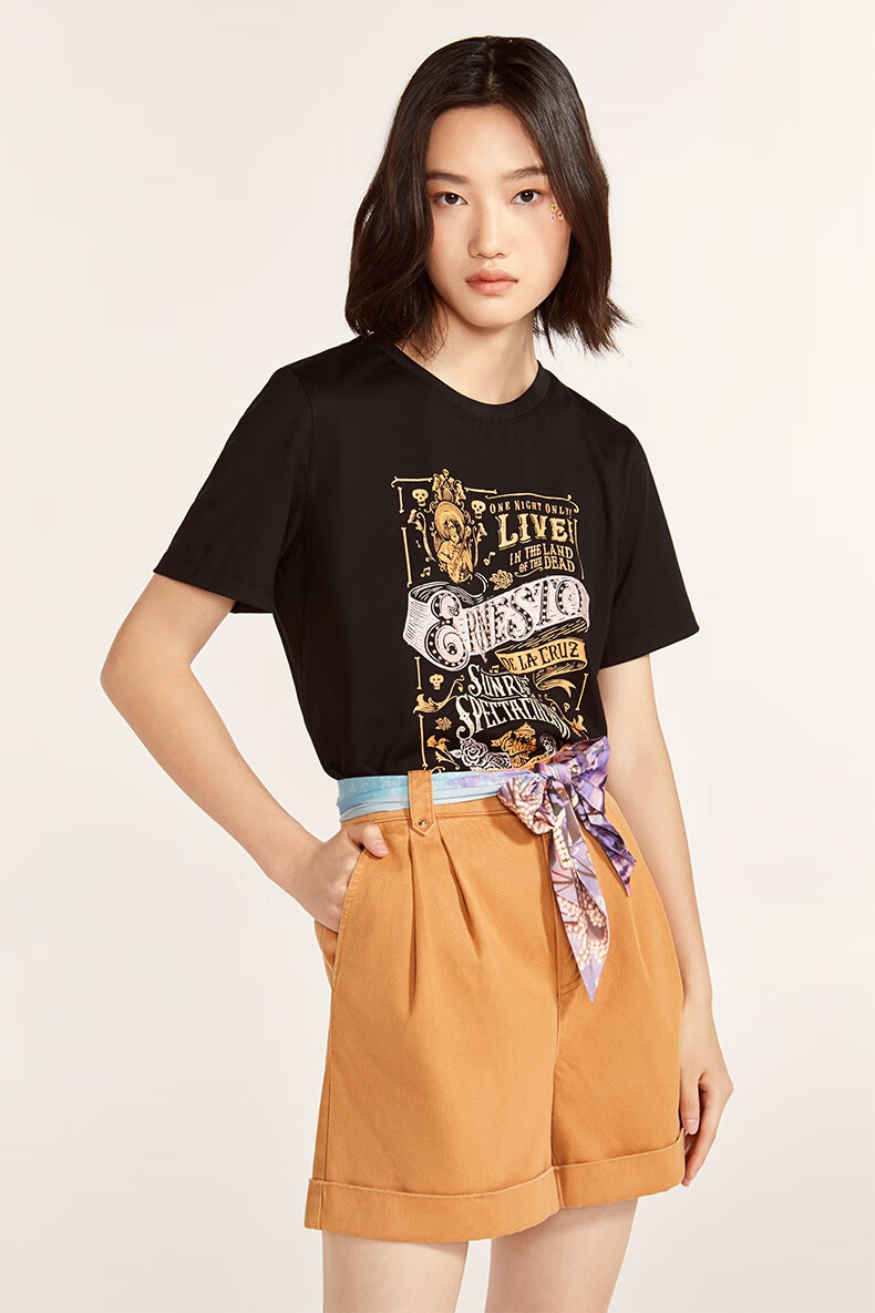 five plus2021新款夏季女装coco联名款新疆棉短袖t恤女宽松纯棉图案