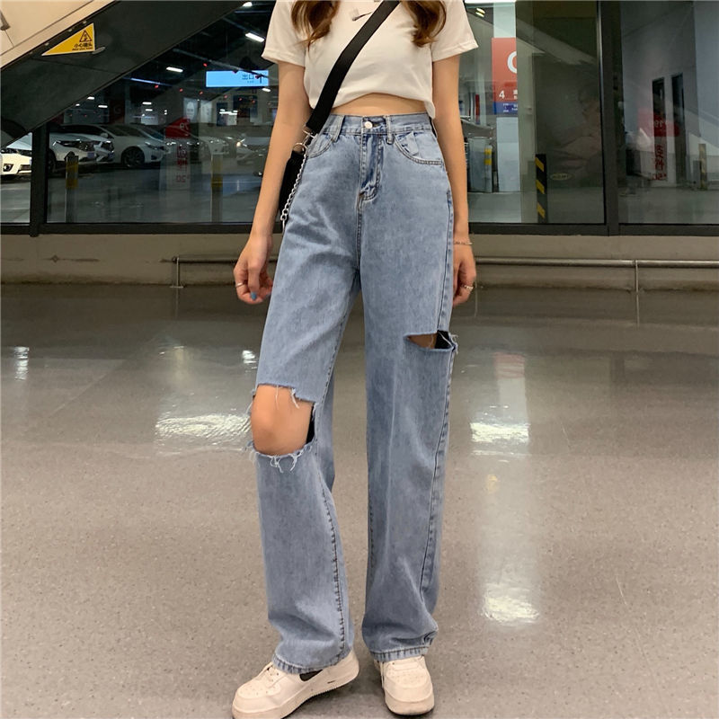 瑟空2021秋上新韩版ins复古高腰直筒破洞牛仔裤宽松百搭显瘦阔腿长裤