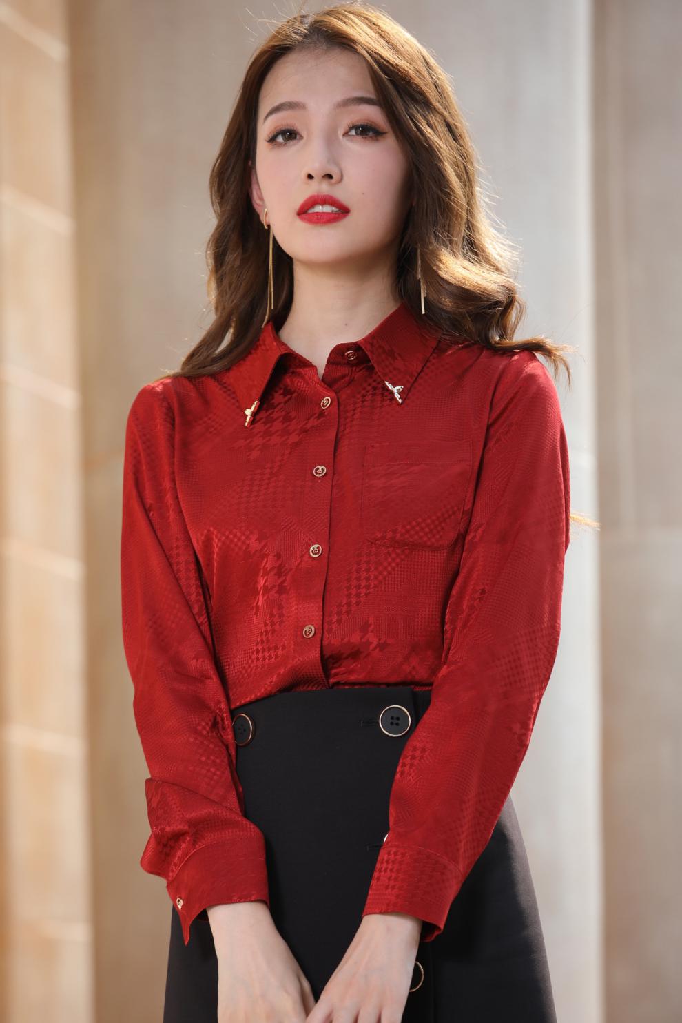 玺优莱 真丝衬衫女春季新款修身显瘦优雅洋气提花桑蚕丝上衣 酒红色 s