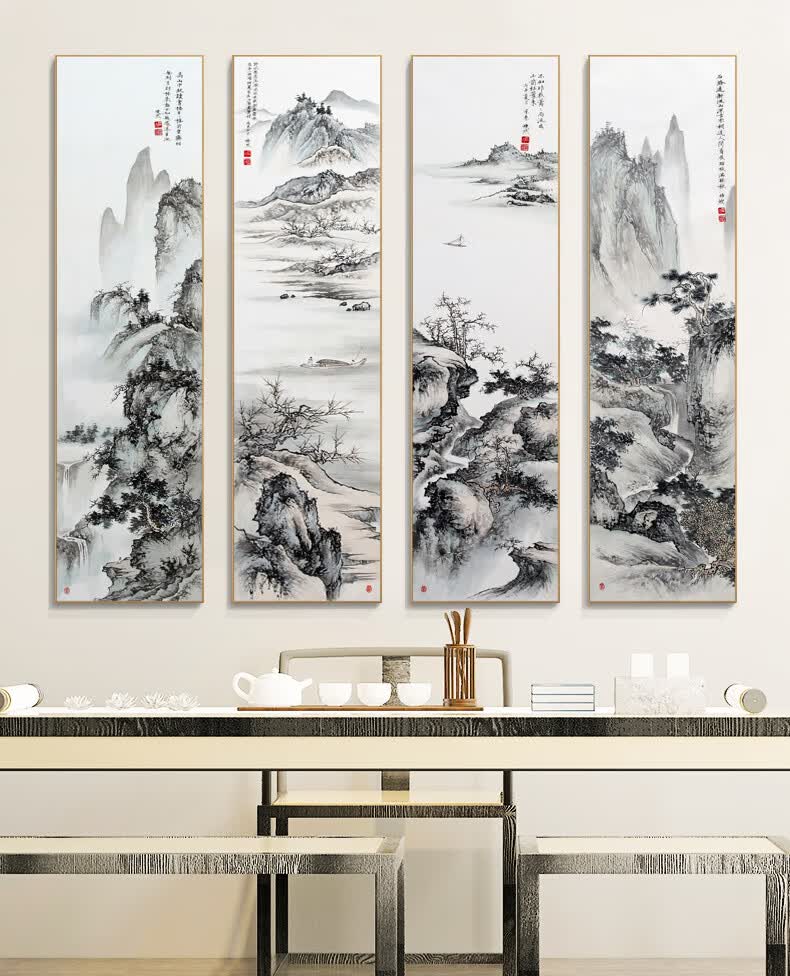 原来美 新中式客厅装饰画书房禅意挂画水墨山水画四联壁画茶室四条屏