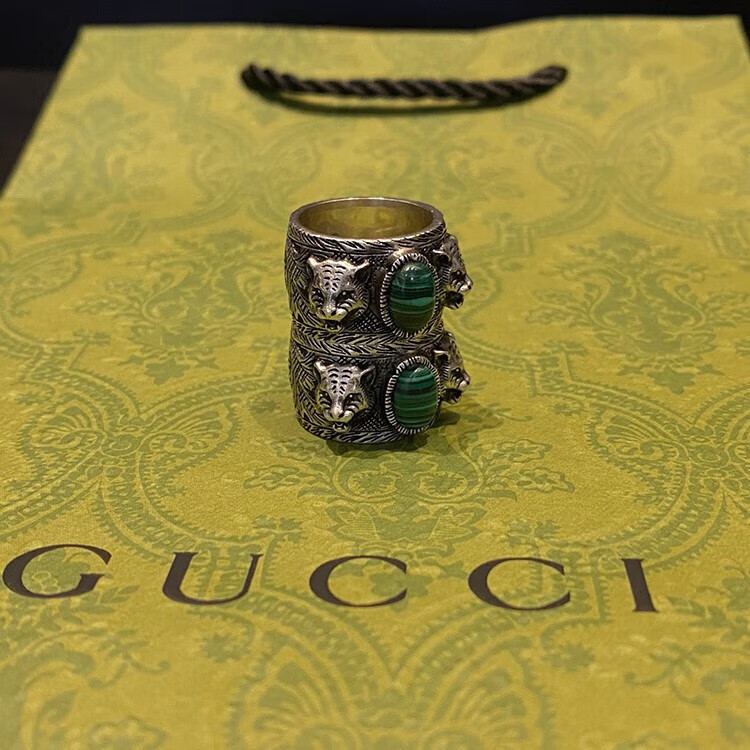 古驰(gucci)花园系列 孔雀石虎头戒指 street wind百搭首饰 松石虎头
