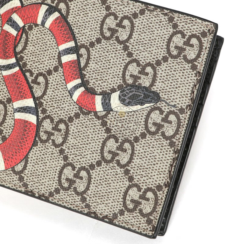 gucci古驰钱包经典款男士米色乌木色珊瑚蛇印花图案人造帆布配皮革短