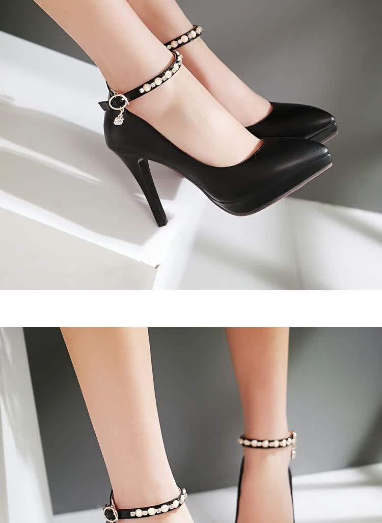 尖头高跟鞋细跟细跟高跟单鞋一字扣工作鞋防水台浅口尖头皮鞋黑色软皮