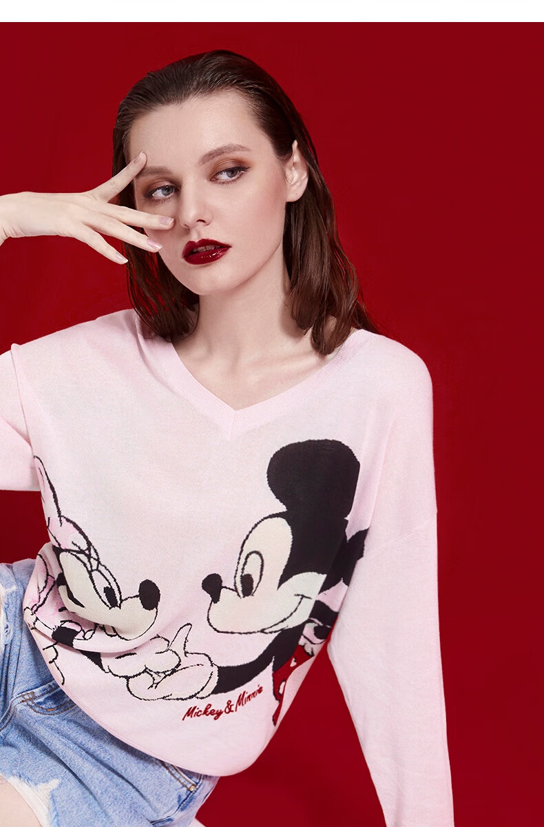 five plus新款女装迪士尼联名款米奇米妮v领针织衫宽松落肩 米白010 l