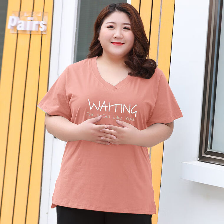 夏季白色加肥加大码女夏装短袖t恤200斤宽松胖妹妹显瘦打底衫v领纯色