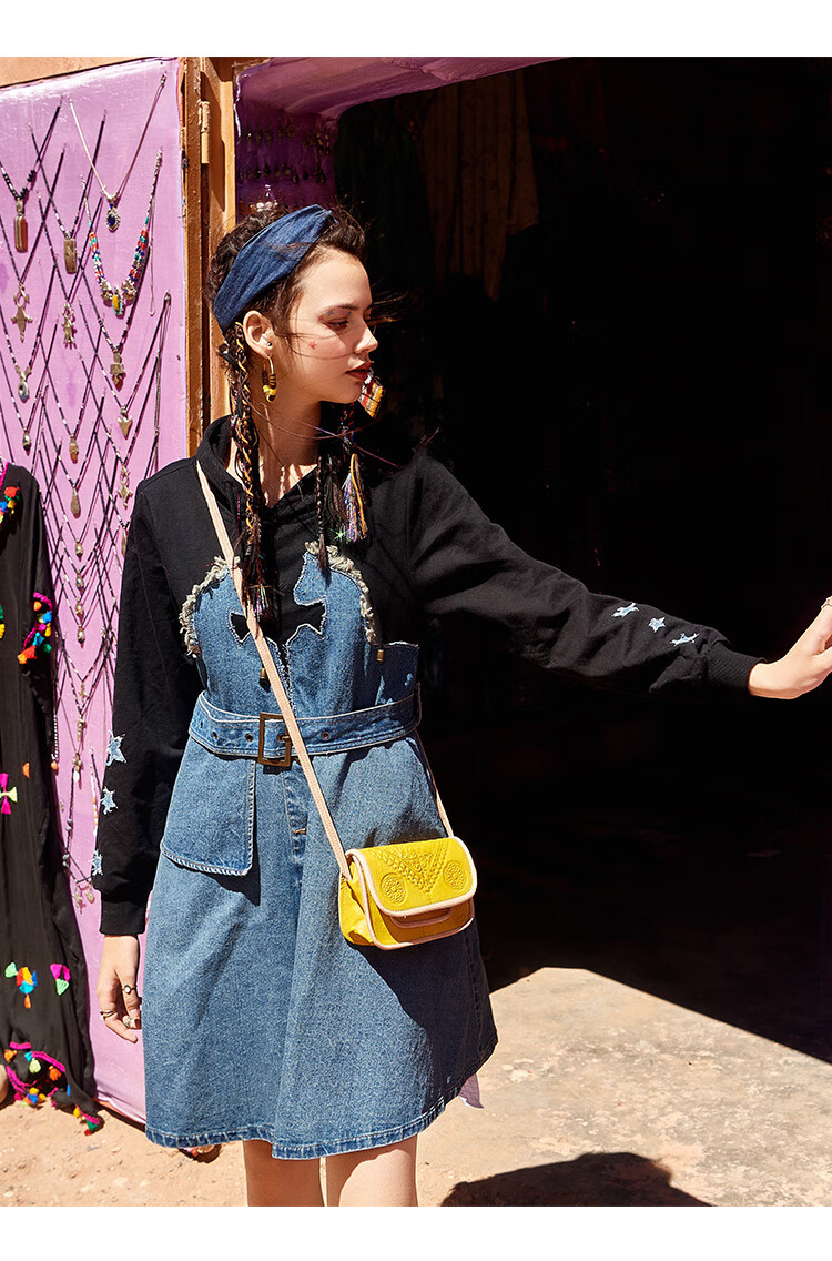 裂帛风liebofeng拼接牛仔连衣裙2021新连帽时尚卡通撞色显瘦裙子牛仔