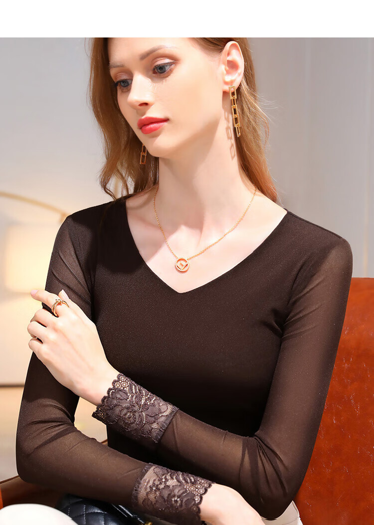 打底衫女秋冬超低领打底纱衣网纱女士v领小衫洋气内搭薄长袖t恤蕾丝