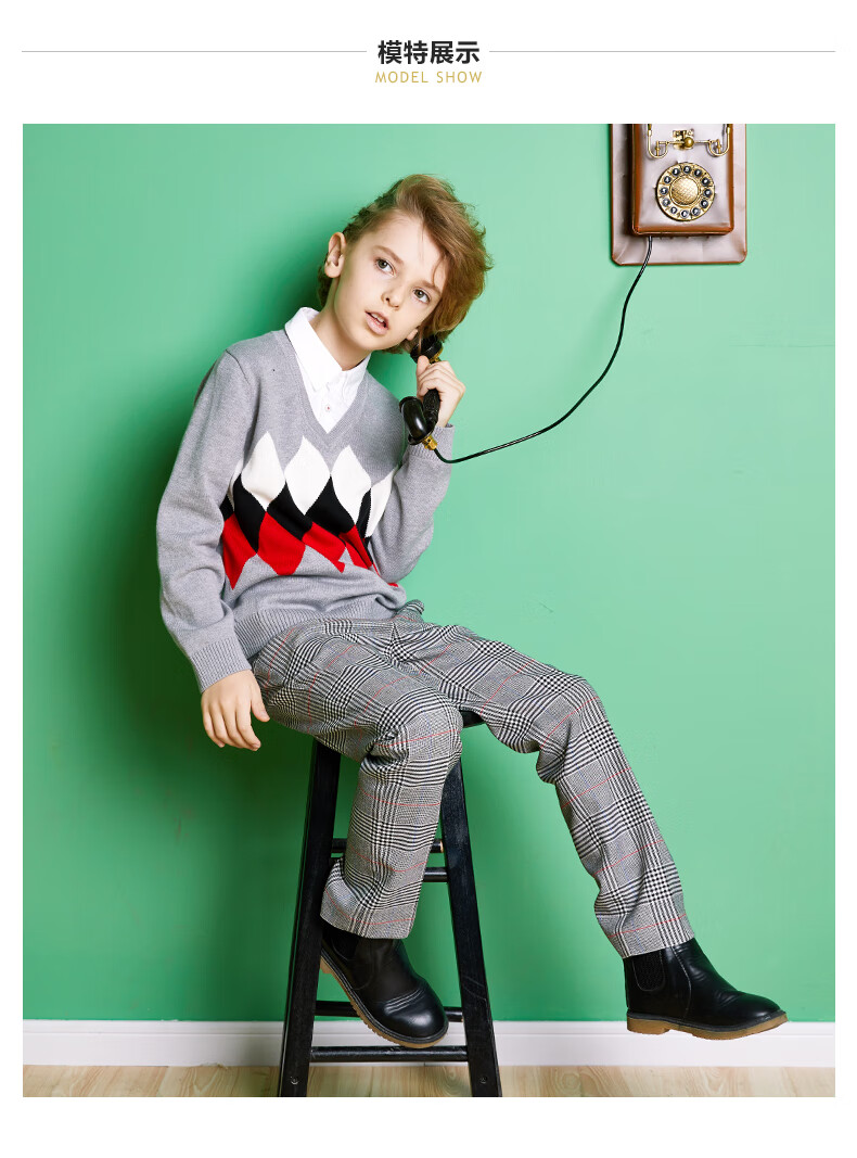 eland kids衣恋官方集团依恋衣恋男童假两件撞色针织衫童装 m/grey麻