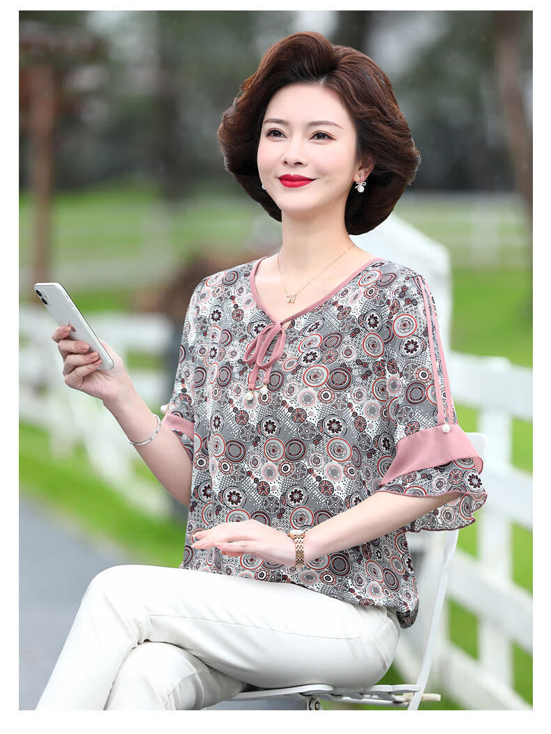 夏装套装半袖小衫气质上衣2021洋气时尚短袖t恤中老年女装雪纺衫两件