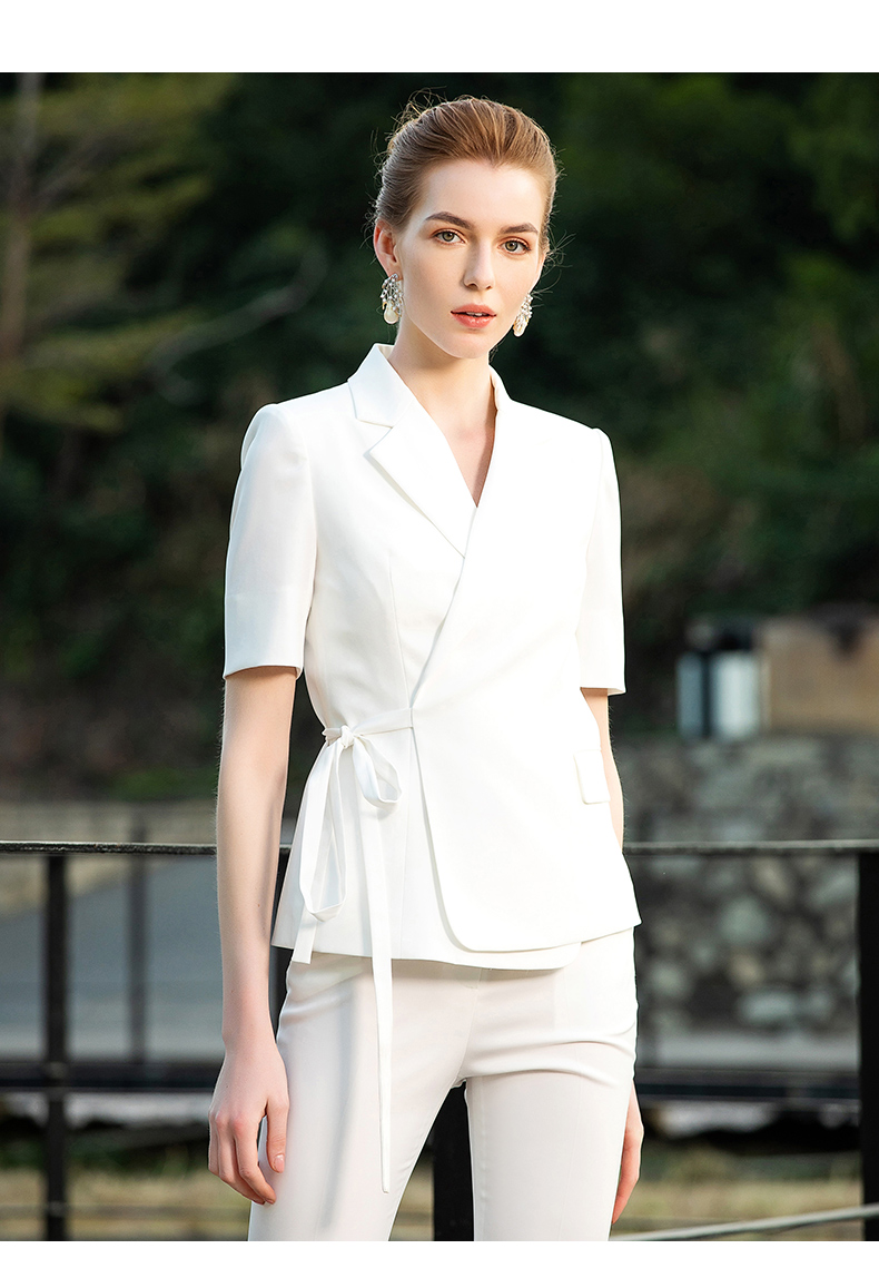 法曼努小西装女职业装女装套装休闲装白色系带修身女士正装短袖中袖