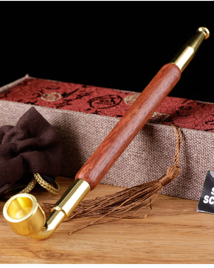 实木烟斗男士老式旱烟斗铜烟锅烟袋锅茶王木质烟杆锅子黄铜烟枪黑胡桃