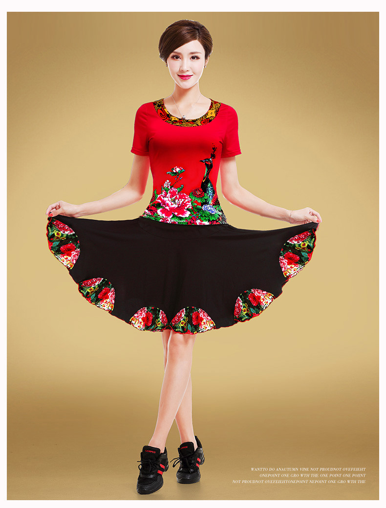 奈野蓝乔广场舞衣服短袖裙子舞蹈服大妈跳舞服装女 t2019中袖红袖 742