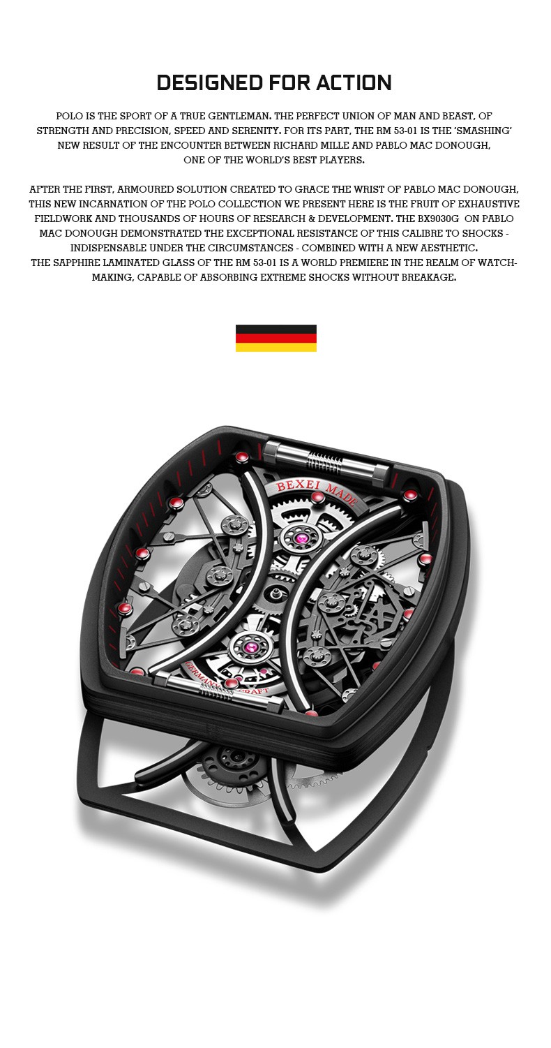 bexei德国品牌手表男时尚全自动镂空机械表潮男个性男表防水轻奢男士