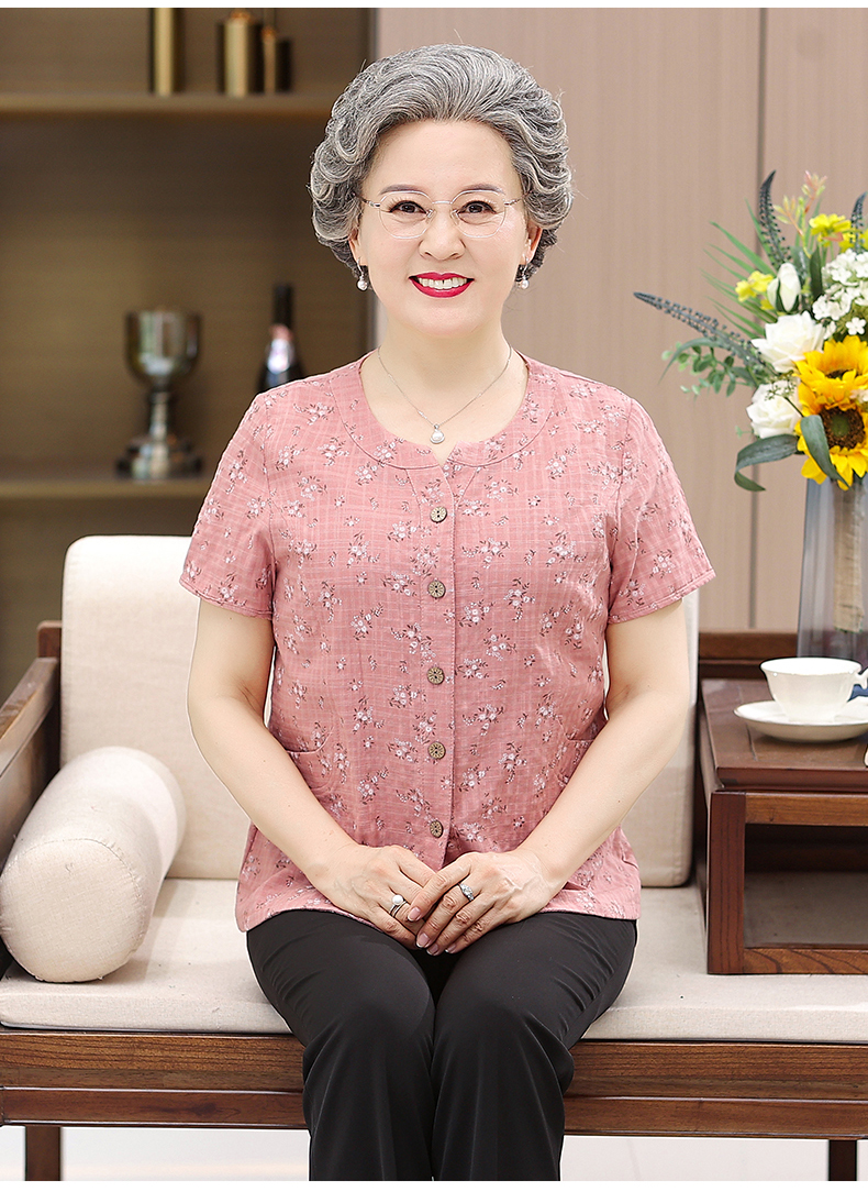 衬衫奶奶装短袖t恤老人妈妈夏天衣服太太薄款粉色单件上衣l建议7595斤
