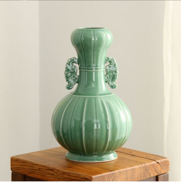 涵青堂新中式复古陶瓷花瓶摆件大号龙泉青瓷双耳瓶蒜头瓶插花瓶乔迁