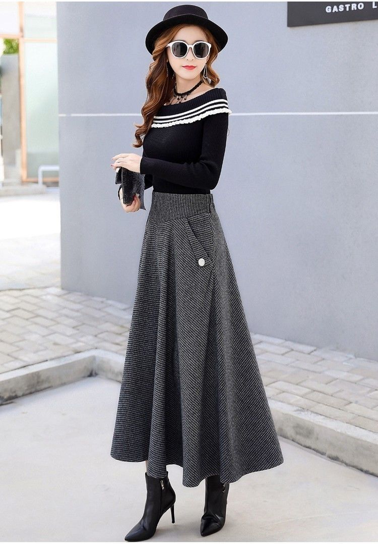 冬季新款半身裙女毛呢半身裙女新款秋冬季韩版高腰显瘦大摆长裙加厚字