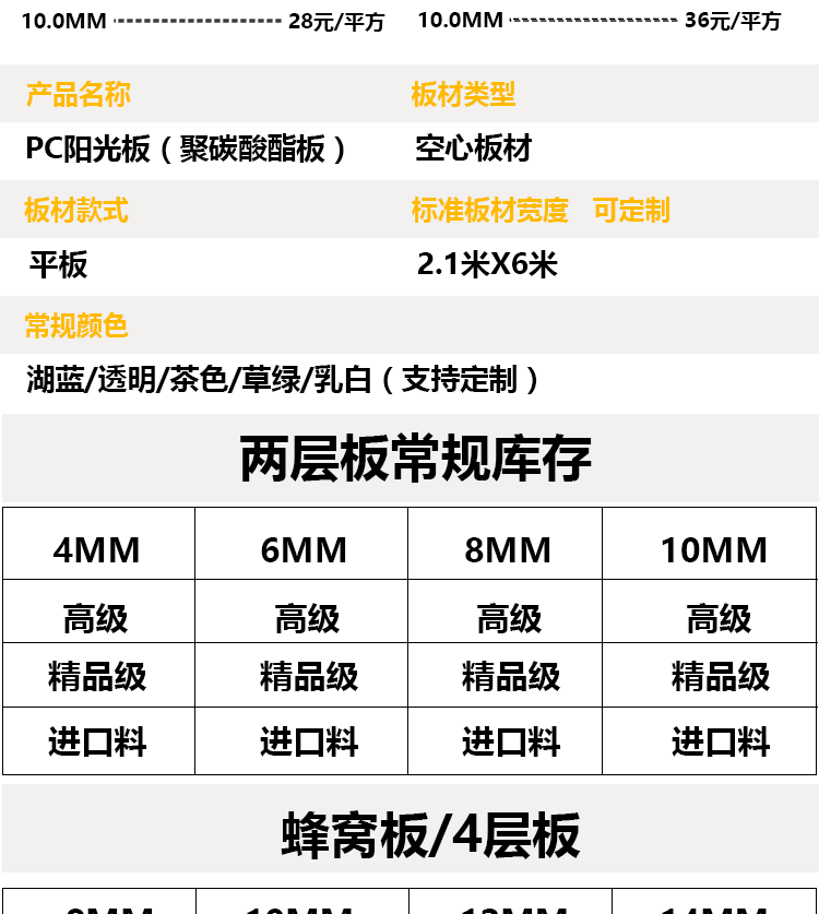 陽光板透明pc耐力板房瓦溫室大棚車雨棚中空實心採光板隔熱遮陽板