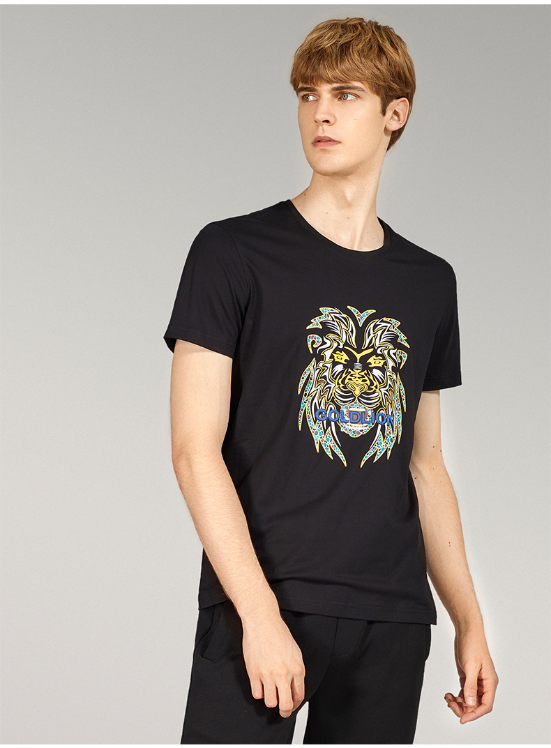金利来奥特莱斯男装春夏季舒适纯棉狮子图案圆领黑色休闲男士短袖t恤