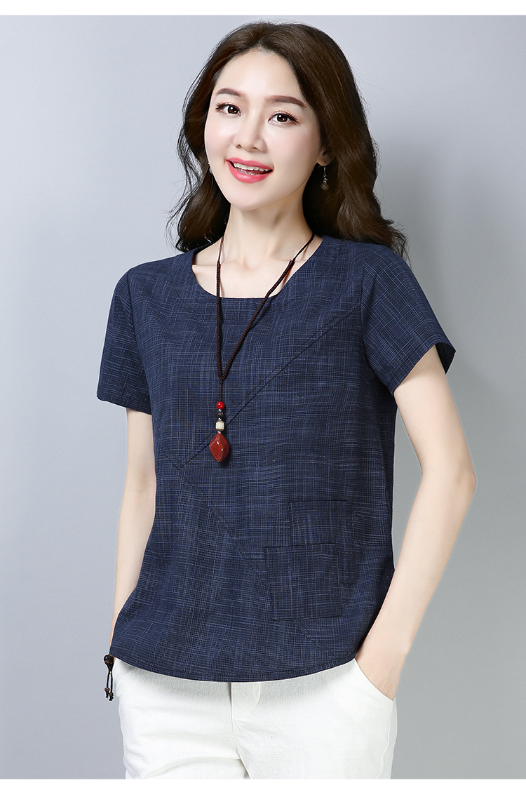 中年妇女夏装棉麻半袖上衣女装短袖新款麻料宽松t恤女显瘦亚麻棉百搭t
