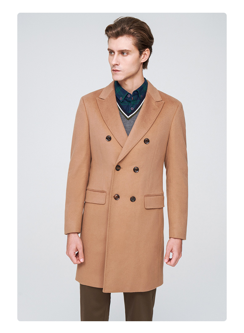 versino/梵思诺男装2021秋冬新款纯色毛呢外套时尚休闲中长款大衣 啡
