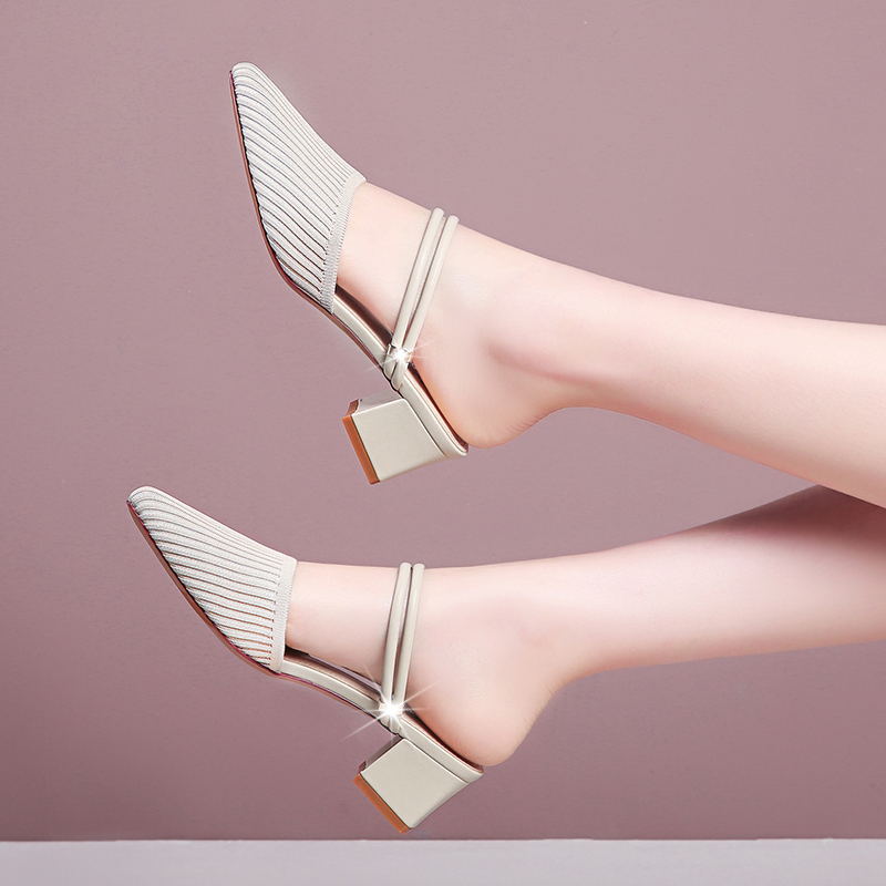 包头针织凉拖女新款外穿时尚尖头懒人粗跟高跟鞋 灰色 888 40【图片