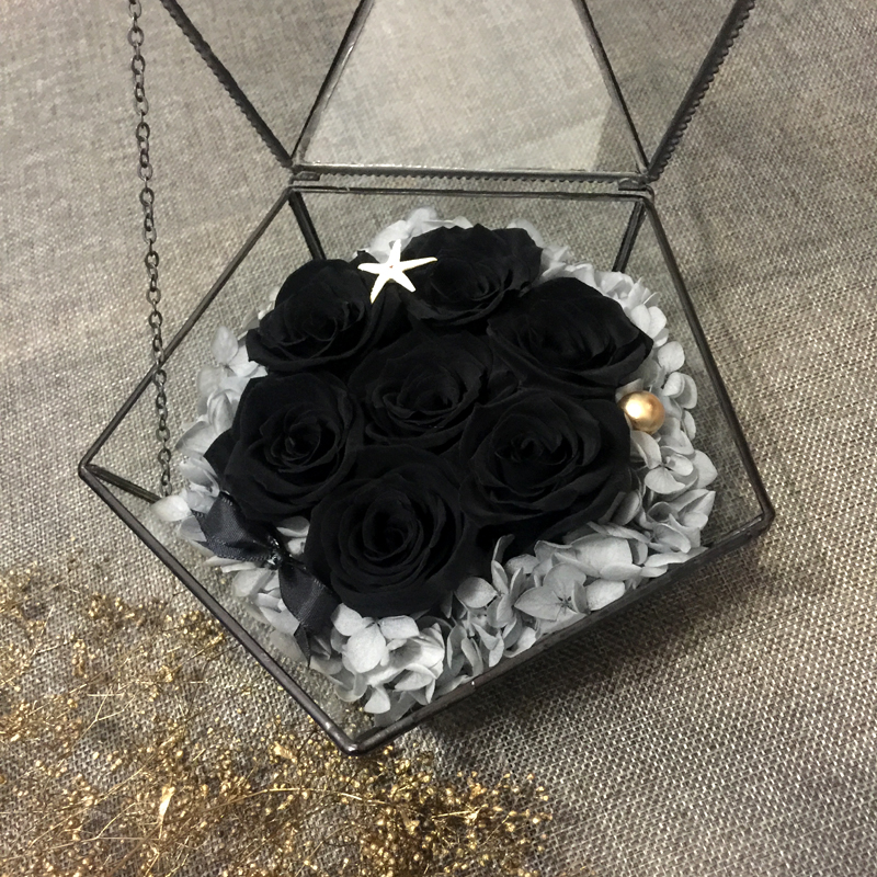 永生红黑色玫瑰花玻璃罩礼盒妇女节送女朋友老婆生日礼物 黑立方 12