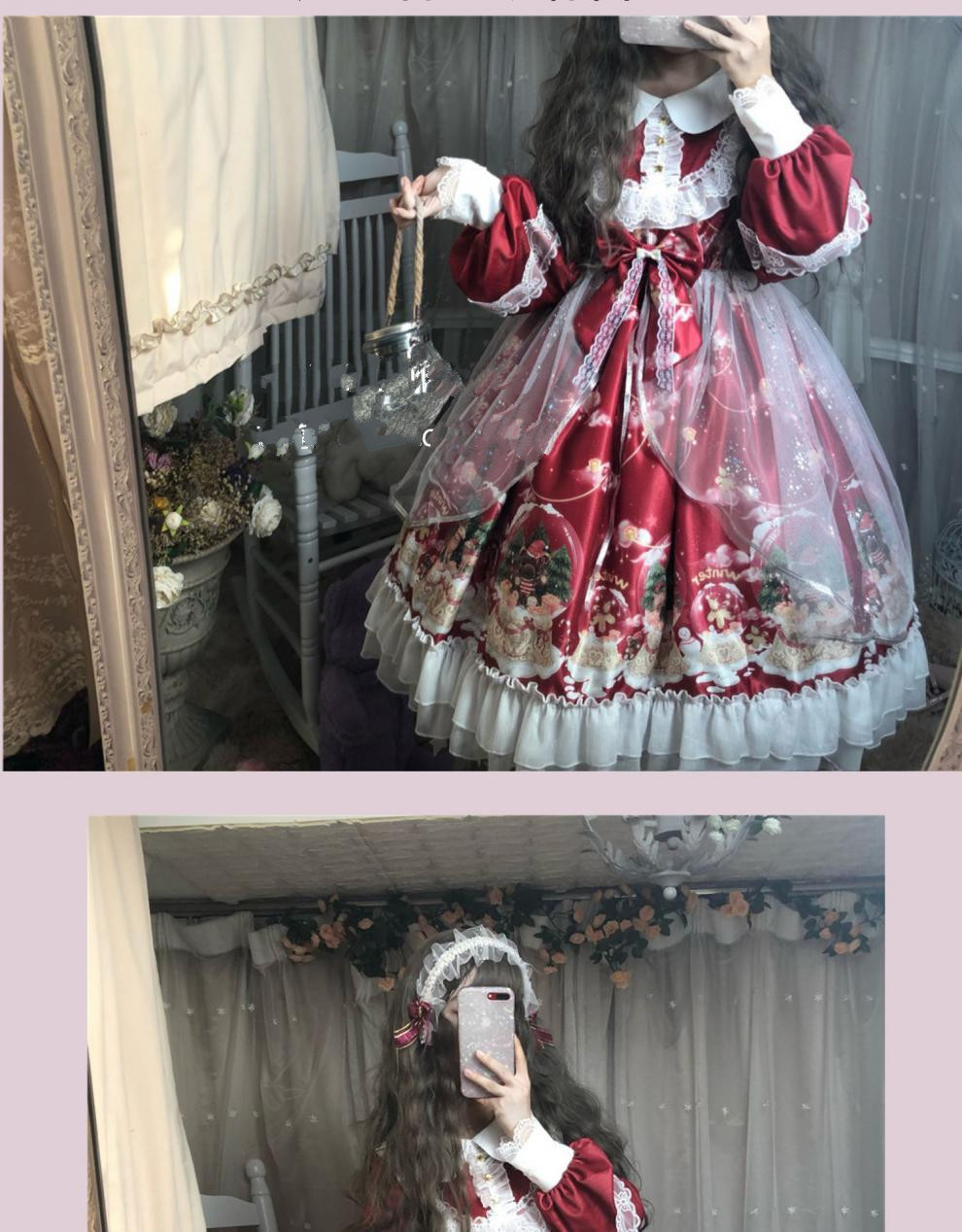 洛丽塔lolita裙子全套冬季圣诞水晶球雪人复古宫廷缎面反光灰春秋长袖