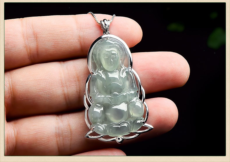 绿翠玉楼白18k金镶嵌冰种翡翠观音吊坠男款玉观音挂件配证书z810翡翠
