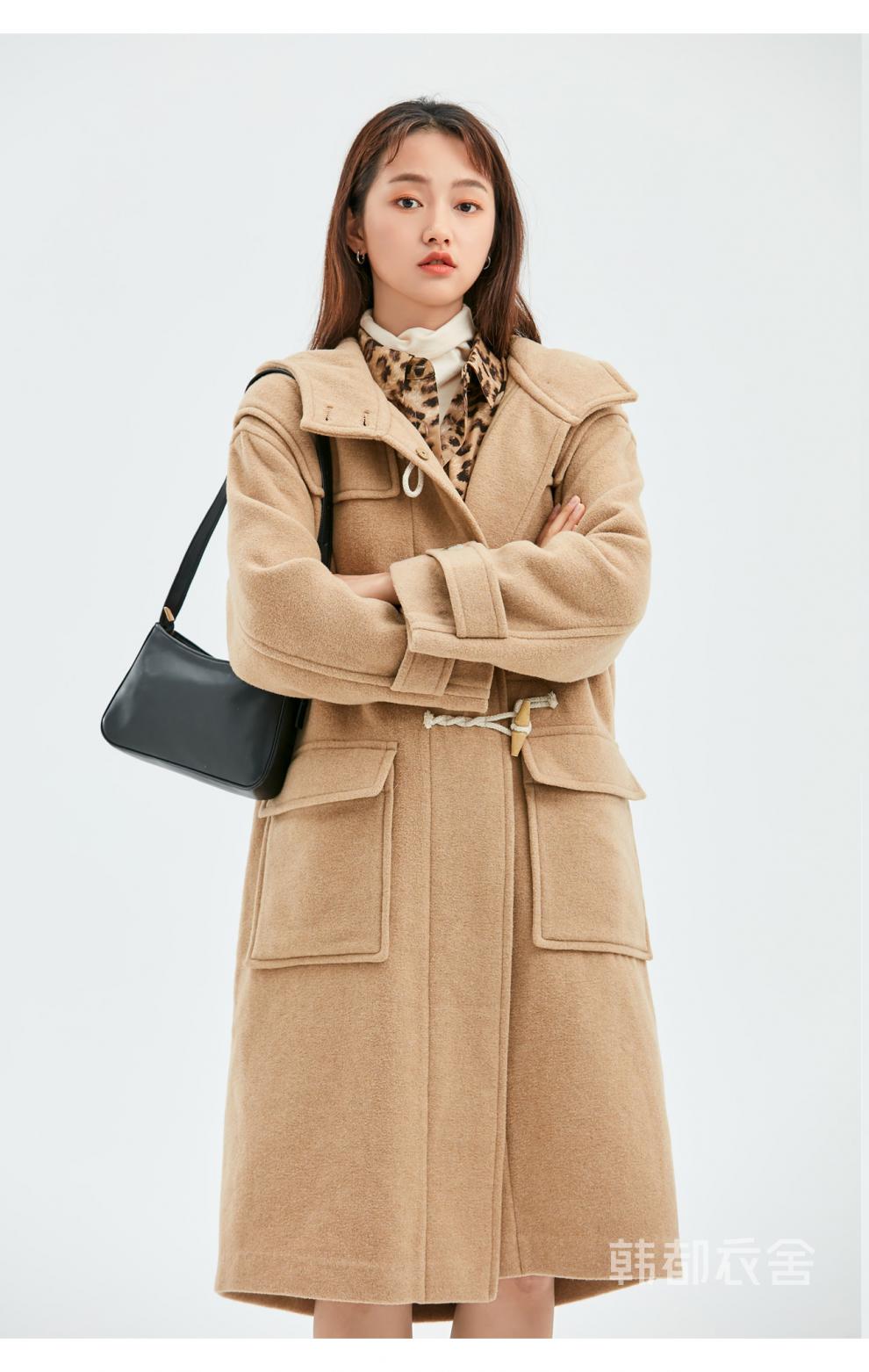 韩都衣舍新款牛角扣呢子大衣毛呢外套女rw8933兴格纹axs