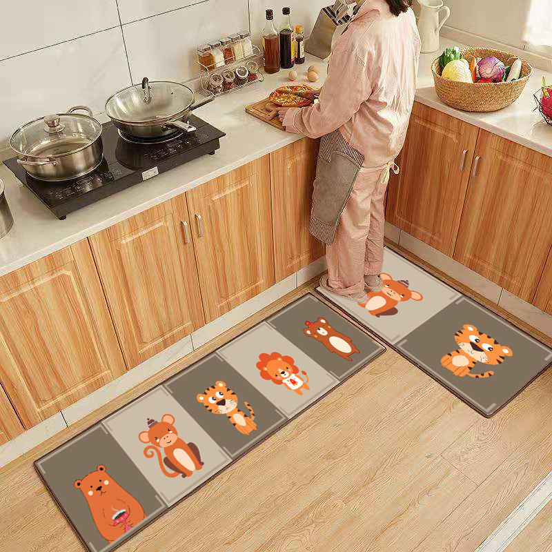 厨房地垫可爱卡通防滑吸水长条防油垫子防水家用耐脏厨房地毯满铺 猫咪家族-深咖 组合装(40X60+40X120)